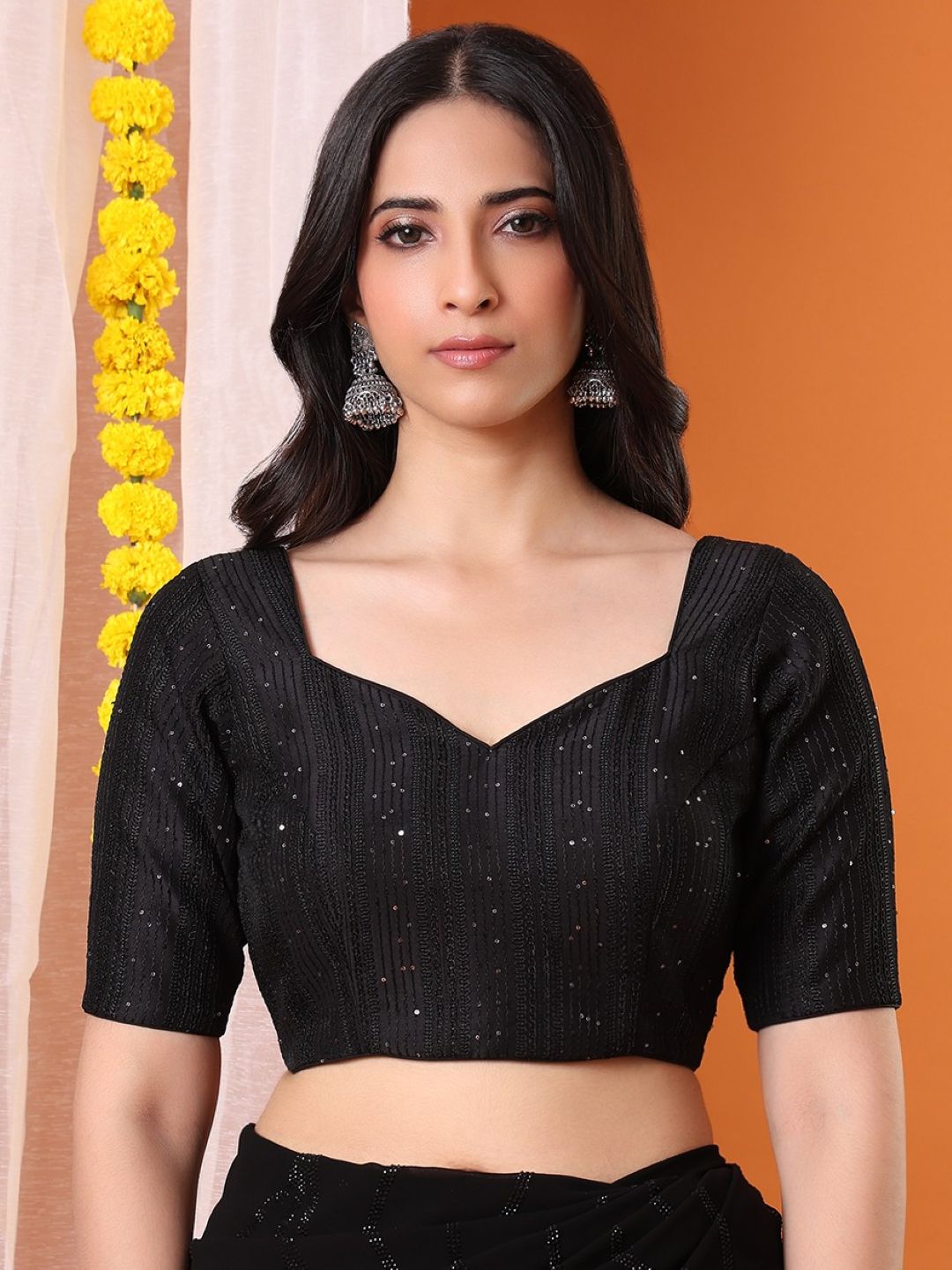 Black Georgette Embellished Sweetheart Neck Padded Saree Blouse