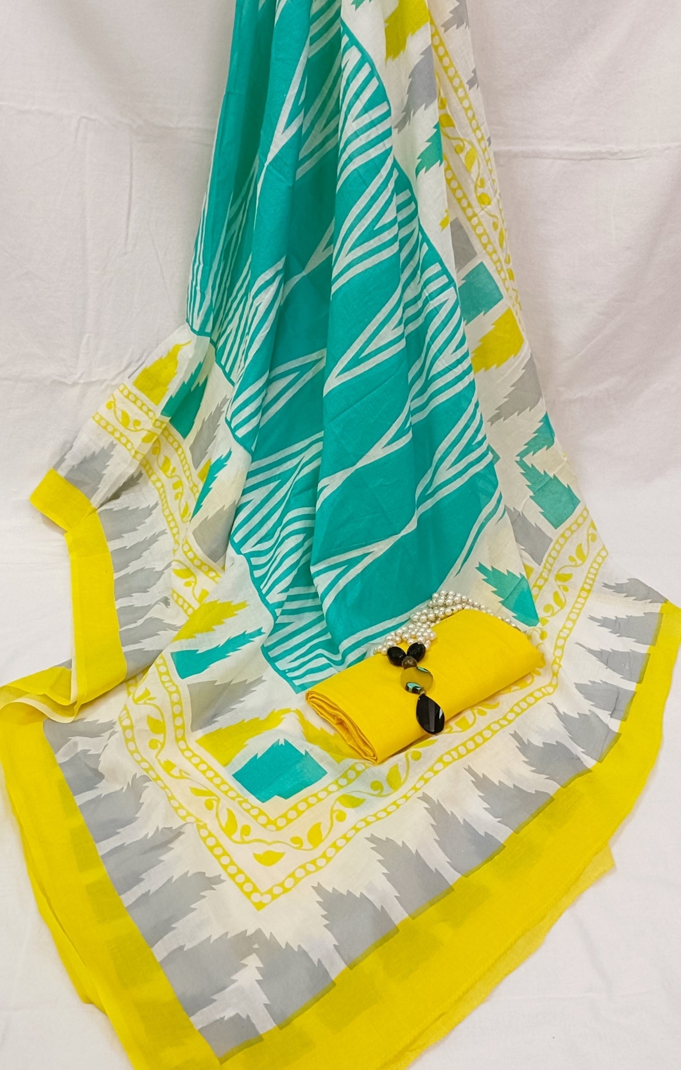 Cotton Printed White Unstitched Dress Material With Dupatta