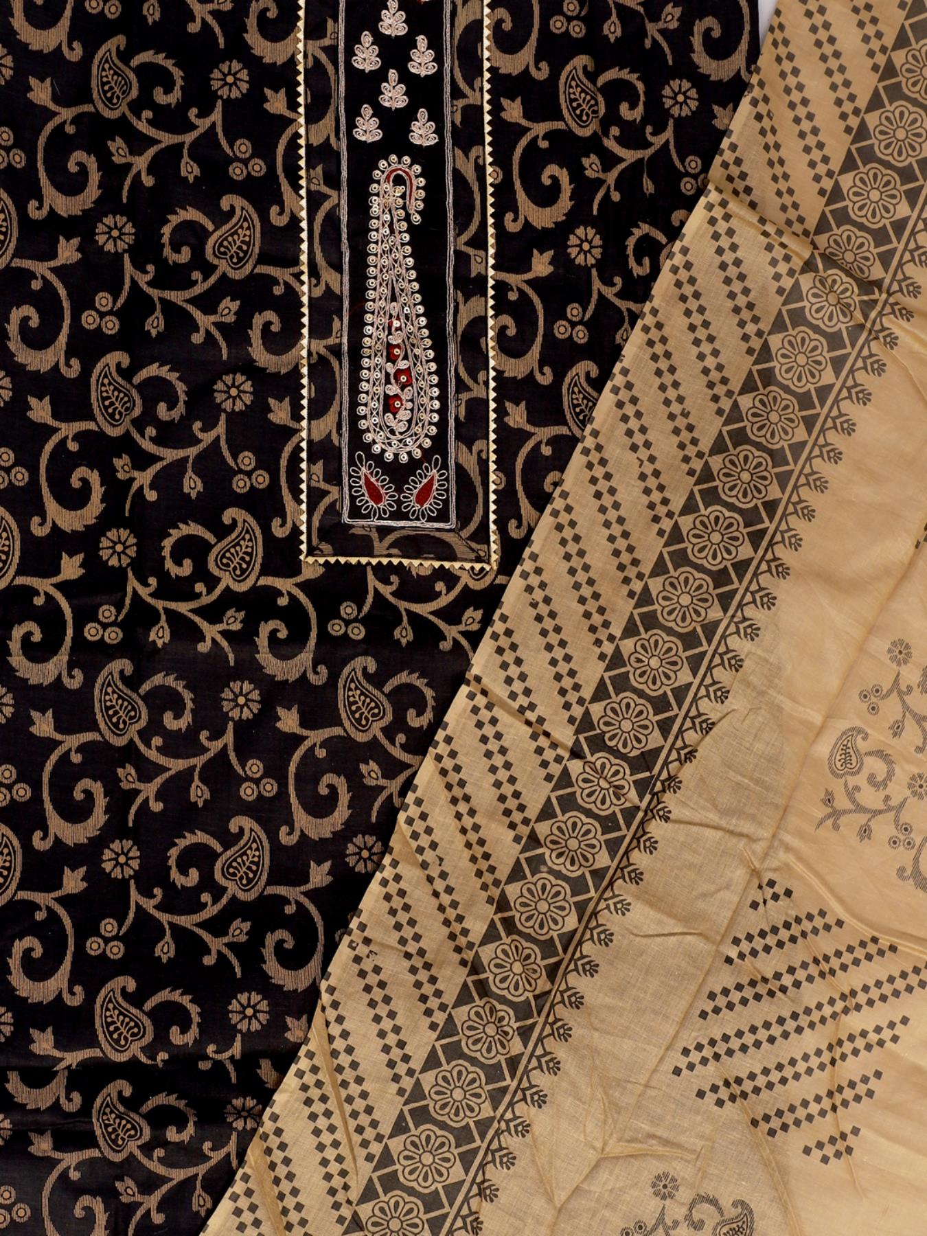 Cotton Printed Black Unstitched Dress Material With Dupatta
