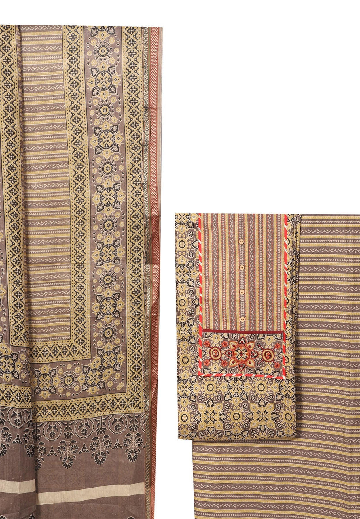 Cotton Printed Brown Unstitched Dress Material With Dupatta