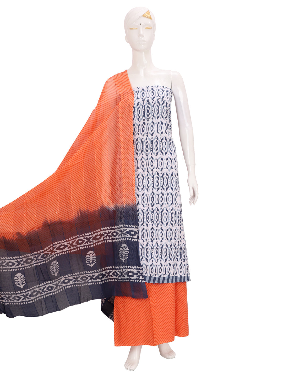 Cotton Printed White & Orange Unstitched Dress Material With Dupatta
