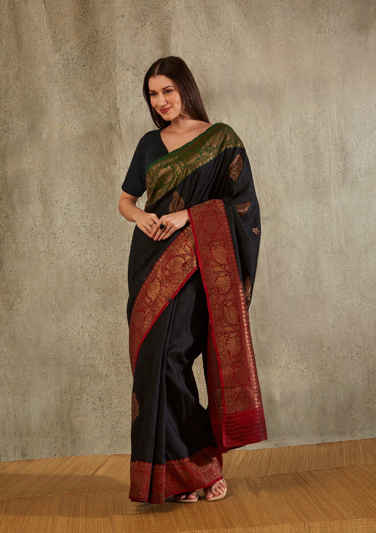 Black Silk V Neck Readymade Blouse