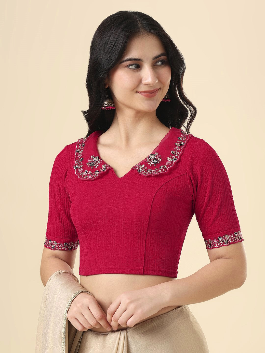 Pink Lycra Peter Pan Collar Neck Readymade Blouse