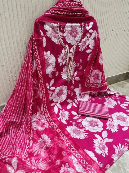 Pink Cotton Printed Unstitched Dress Material