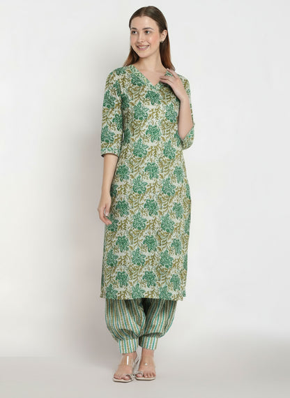 Green Printed Cotton Printed Unstitched Dress Material (2 Pc)