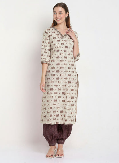 Cream Cotton Printed Unstitched Dress Material (2 Pc)