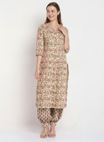 Cream Cotton Printed Unstitched Dress Material (2 Pc)