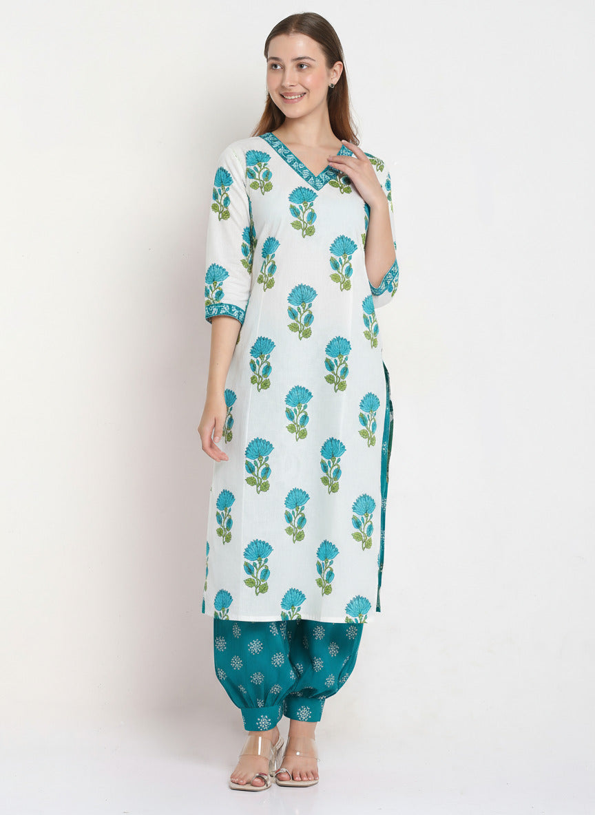 White Cotton Printed Unstitched Dress Material (2 Pc)