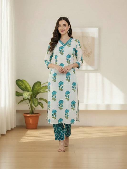 White Cotton Printed Unstitched Dress Material (2 Pc)