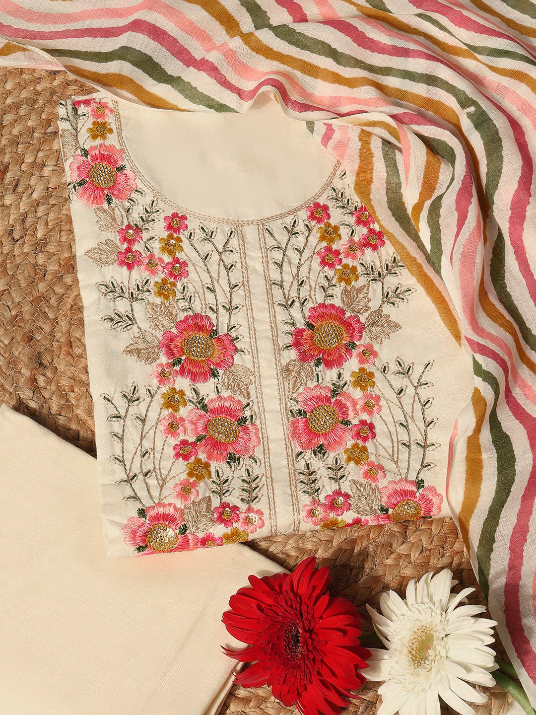 Cotton Embroidered Off White Unstitched Dress Material
