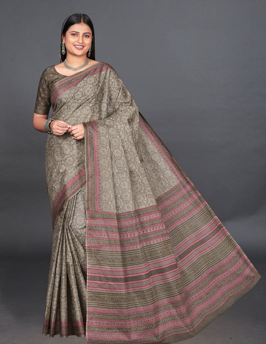 MANGALGIRI Brown Printed Pure Cotton Saree