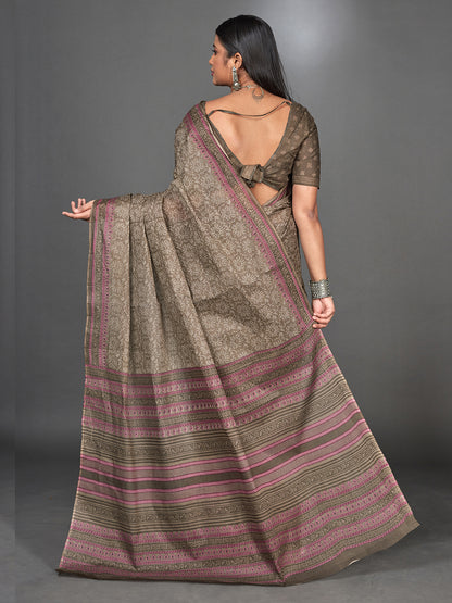 MANGALGIRI Brown Printed Pure Cotton Saree