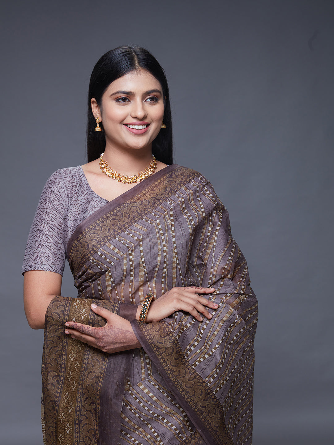 CHANDANI Grey Printed Pure Cotton Saree
