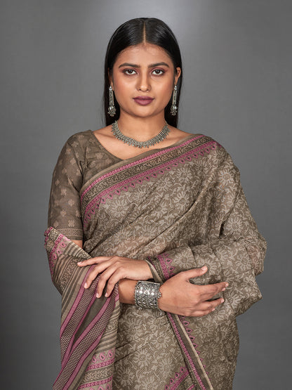 MANGALGIRI Brown Printed Pure Cotton Saree