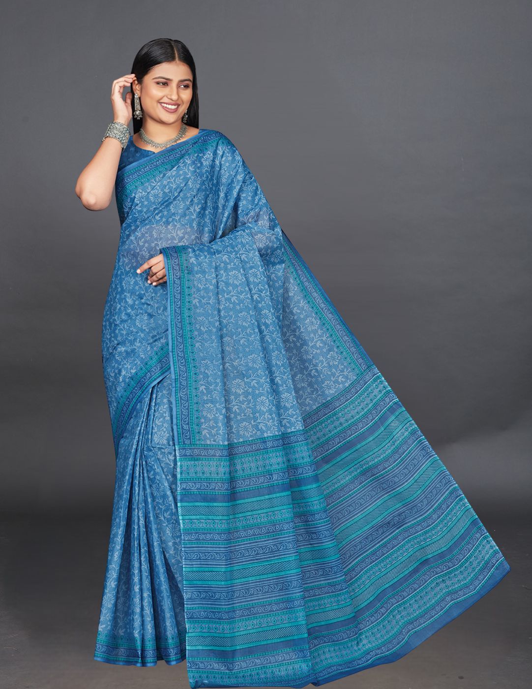 MANGALGIRI Blue Printed Pure Cotton Saree
