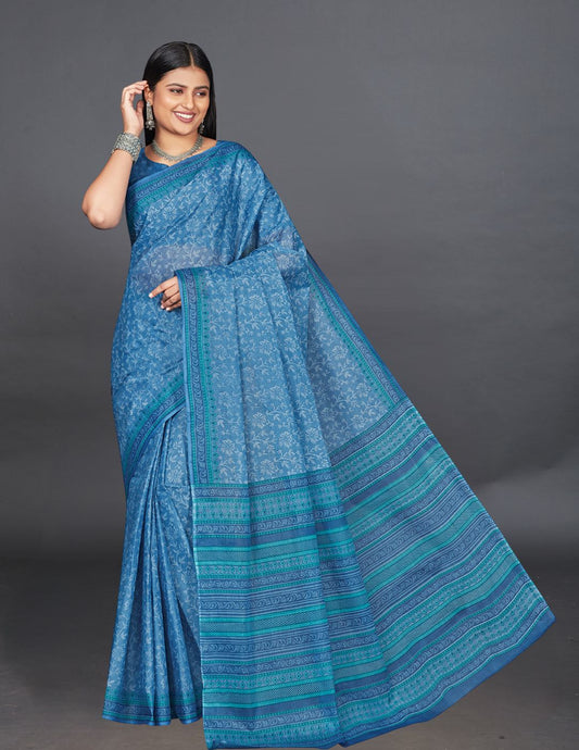 MANGALGIRI Blue Printed Pure Cotton Saree