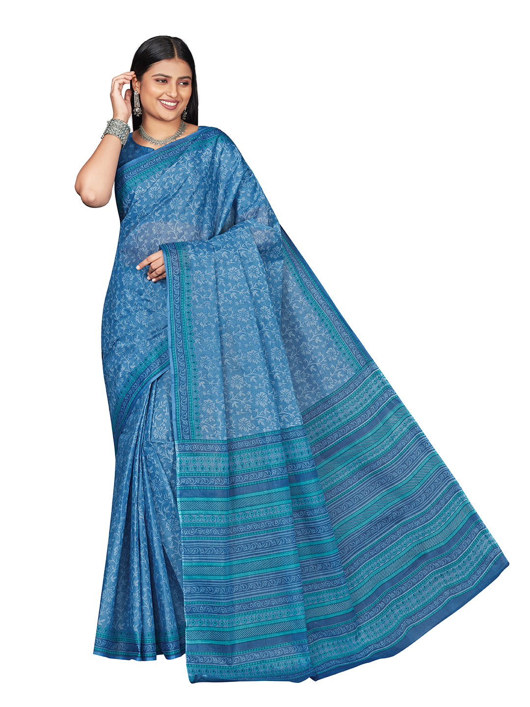 MANGALGIRI Blue Printed Pure Cotton Saree
