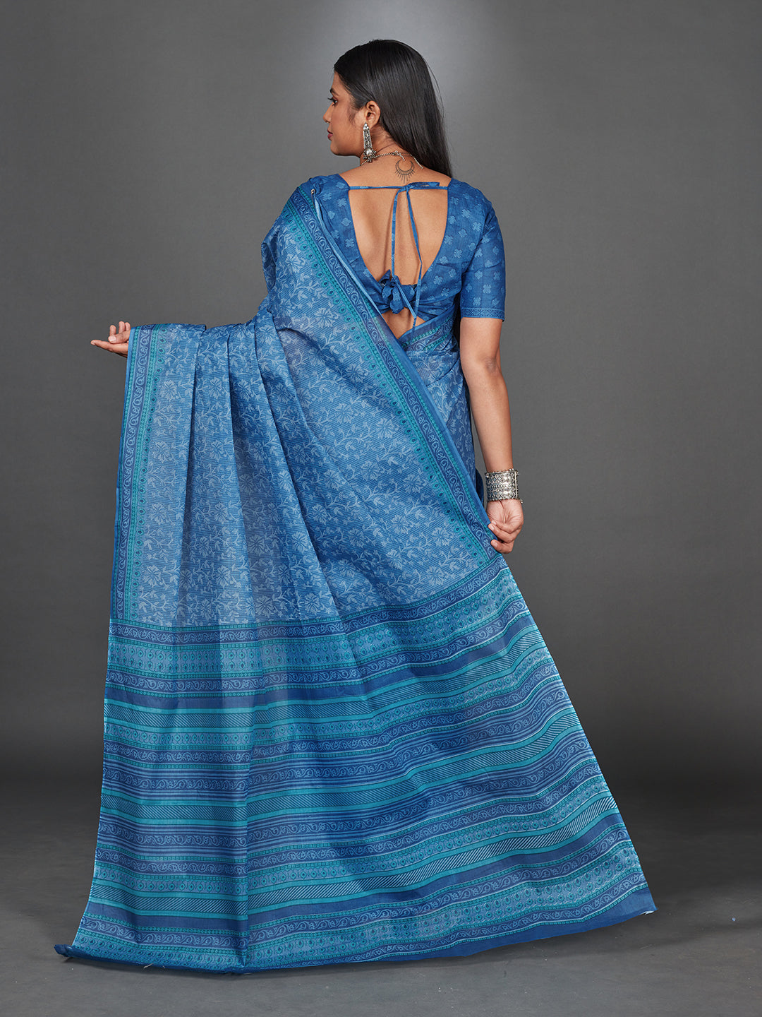 MANGALGIRI Blue Printed Pure Cotton Saree
