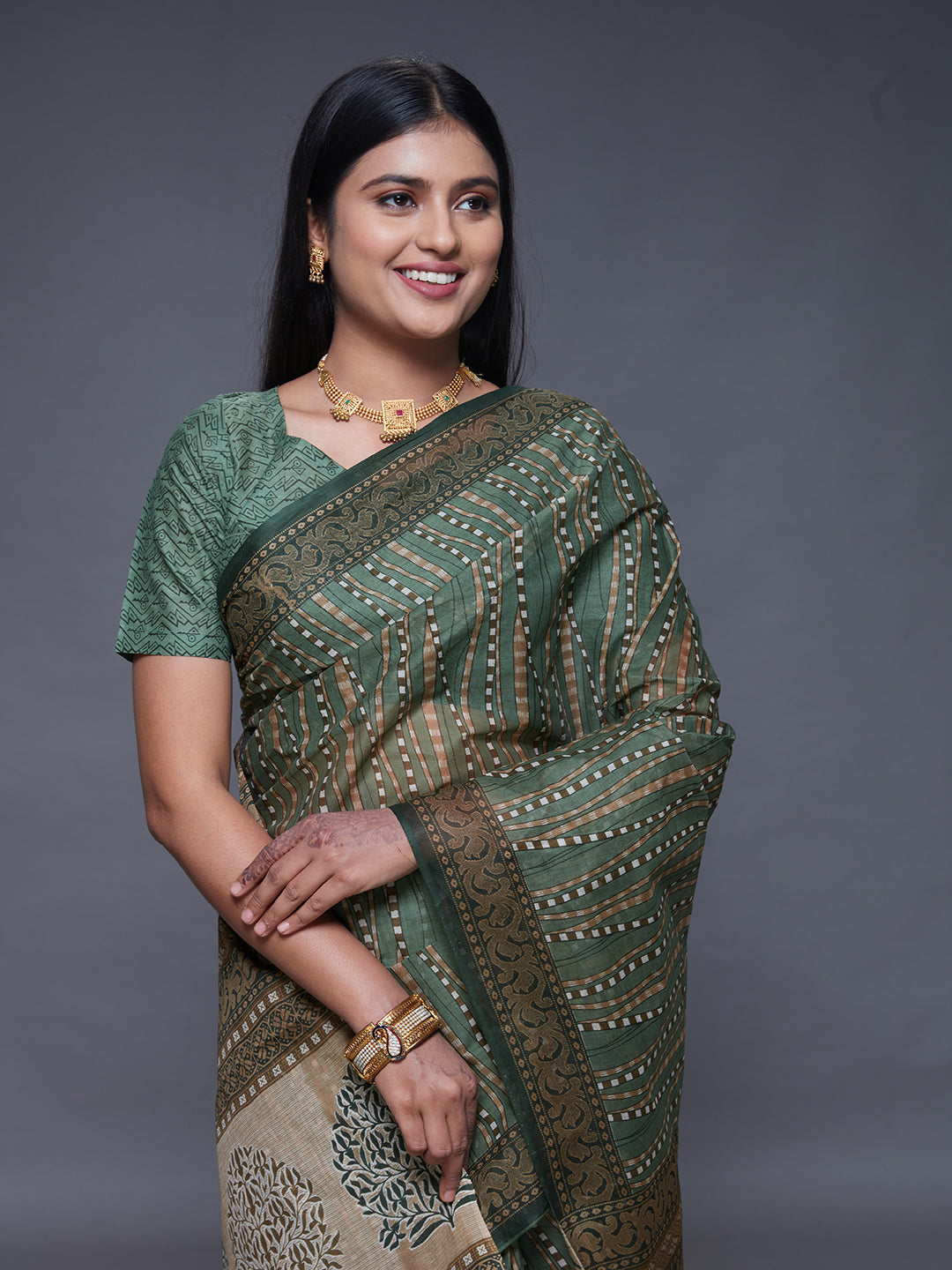 CHANDANI Green Printed Pure Cotton Saree