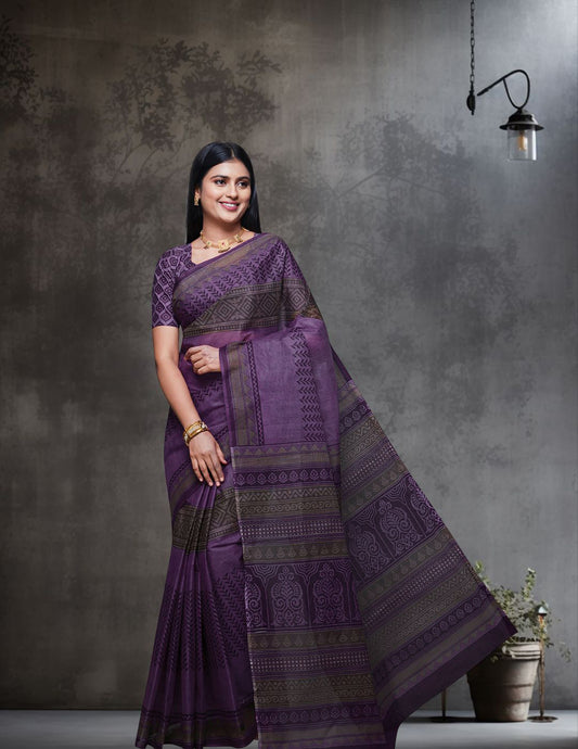 CHANDANI Purple Printed Pure Cotton Saree