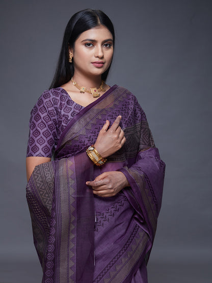 CHANDANI Purple Printed Pure Cotton Saree