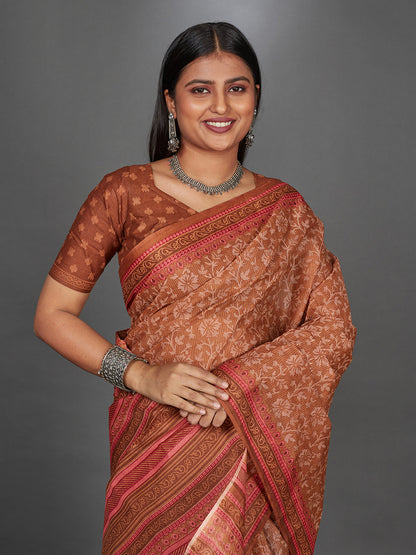 MANGALGIRI Rust Printed Pure Cotton Saree