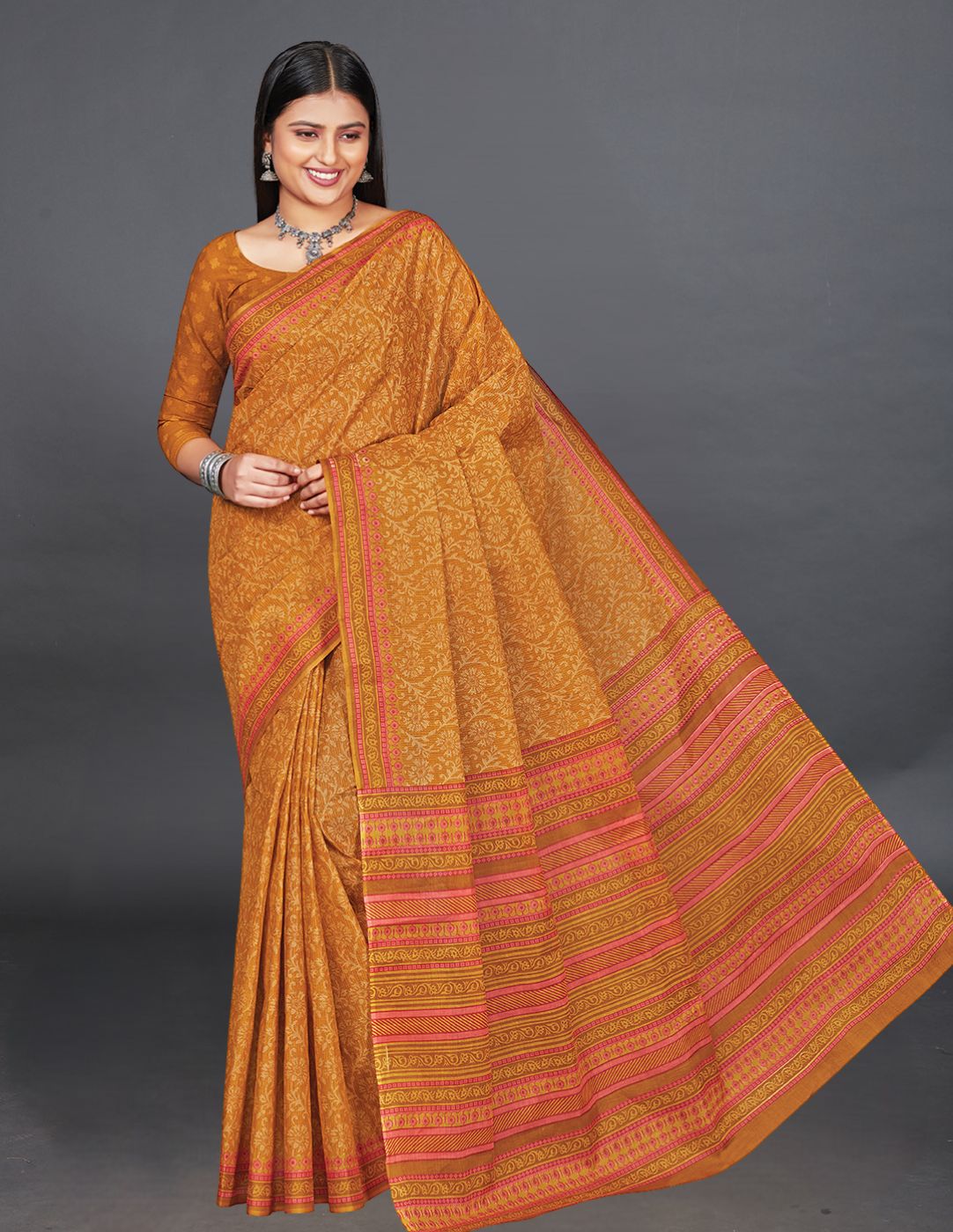 MANGALGIRI Mustard Printed Pure Cotton Saree