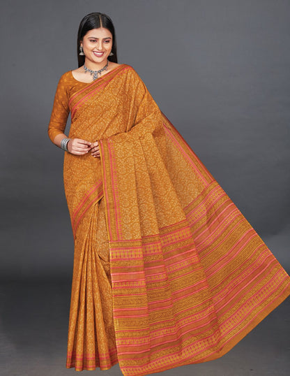 MANGALGIRI Mustard Printed Pure Cotton Saree