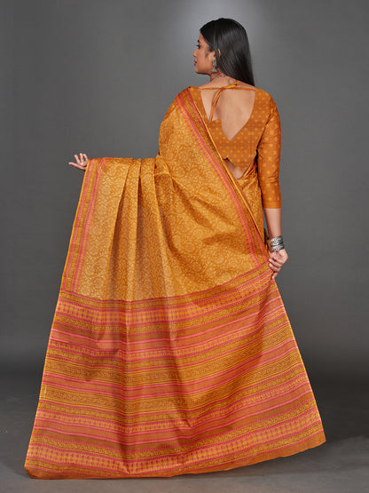 MANGALGIRI Mustard Printed Pure Cotton Saree