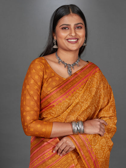 MANGALGIRI Mustard Printed Pure Cotton Saree