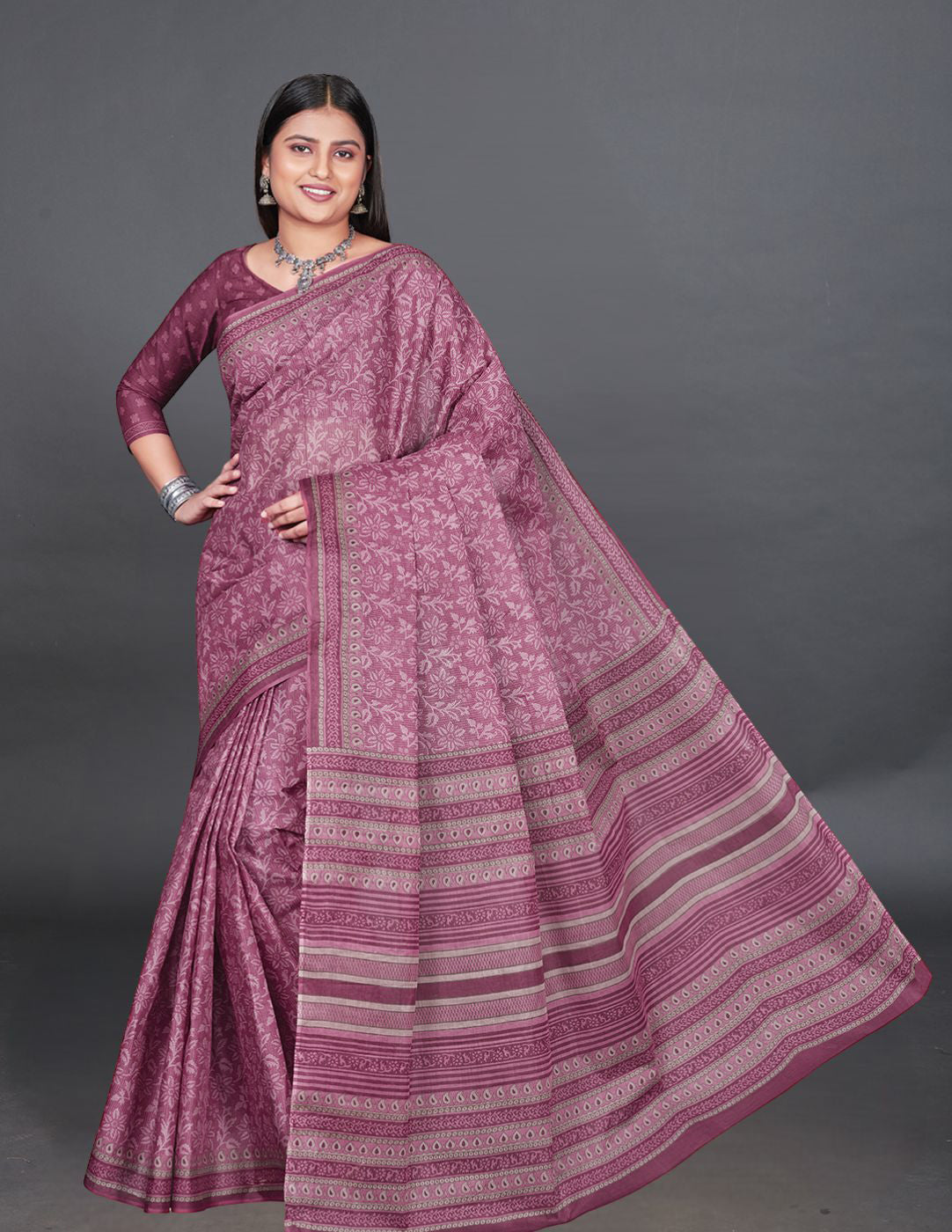 MANGALGIRI Pink Printed Pure Cotton Saree