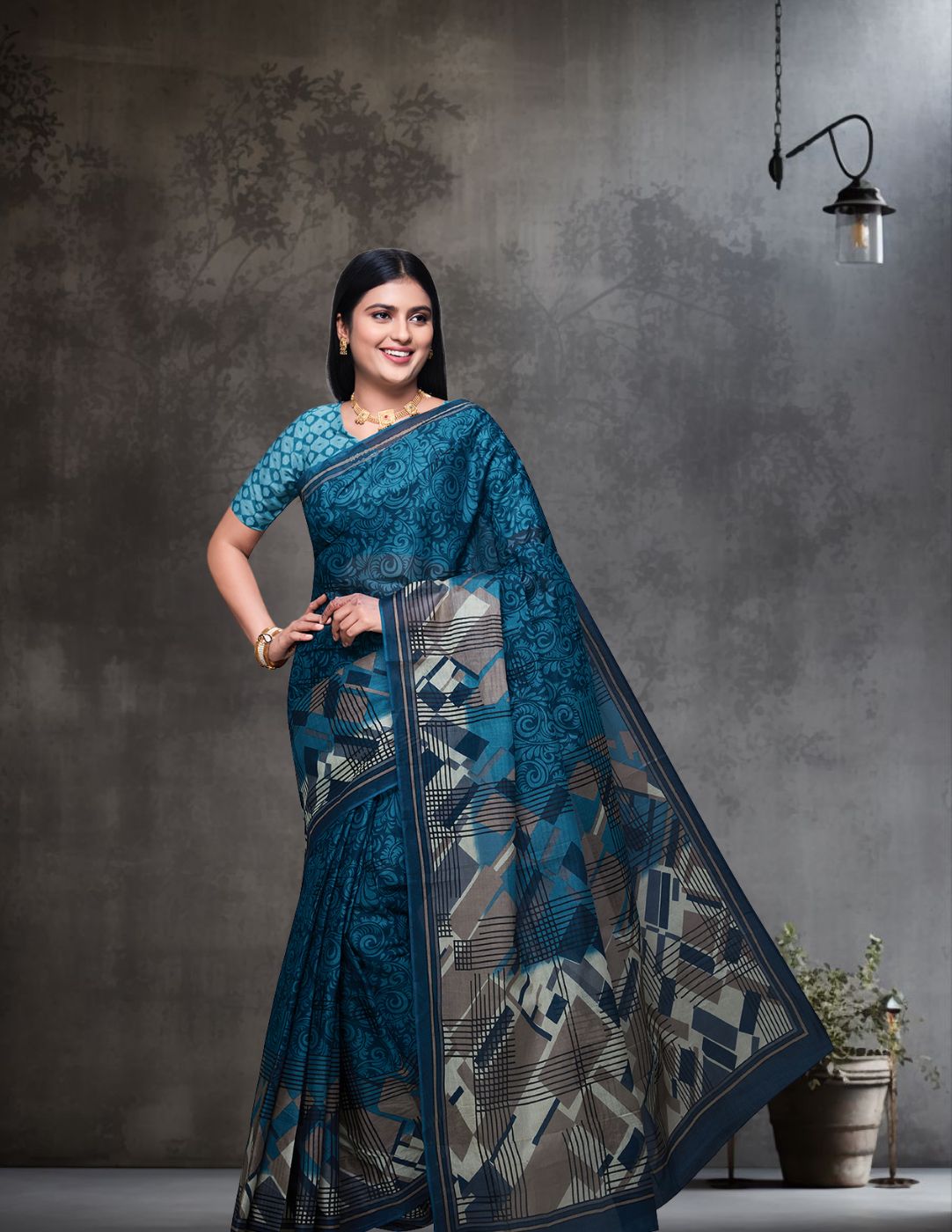 CHANDANI Blue Printed Pure Cotton Saree