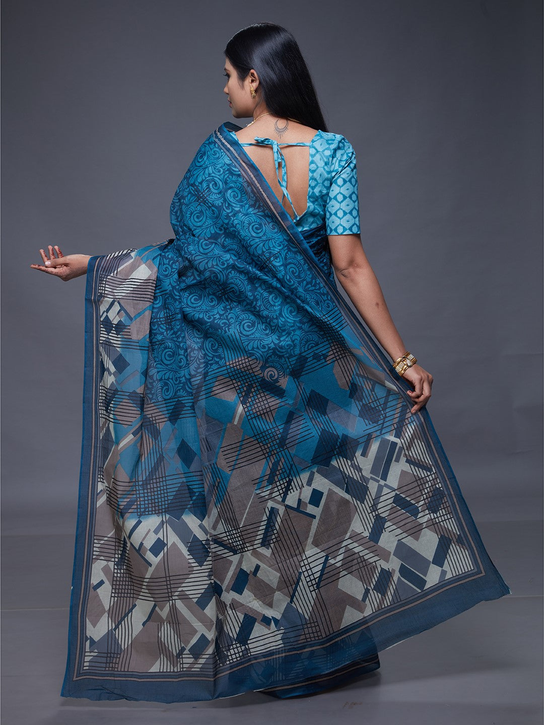 CHANDANI Blue Printed Pure Cotton Saree