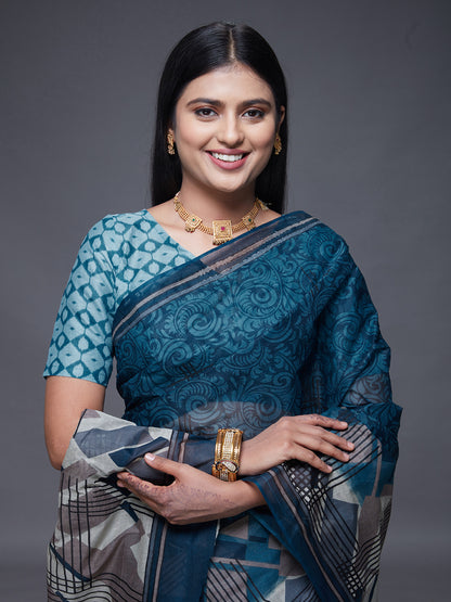CHANDANI Blue Printed Pure Cotton Saree