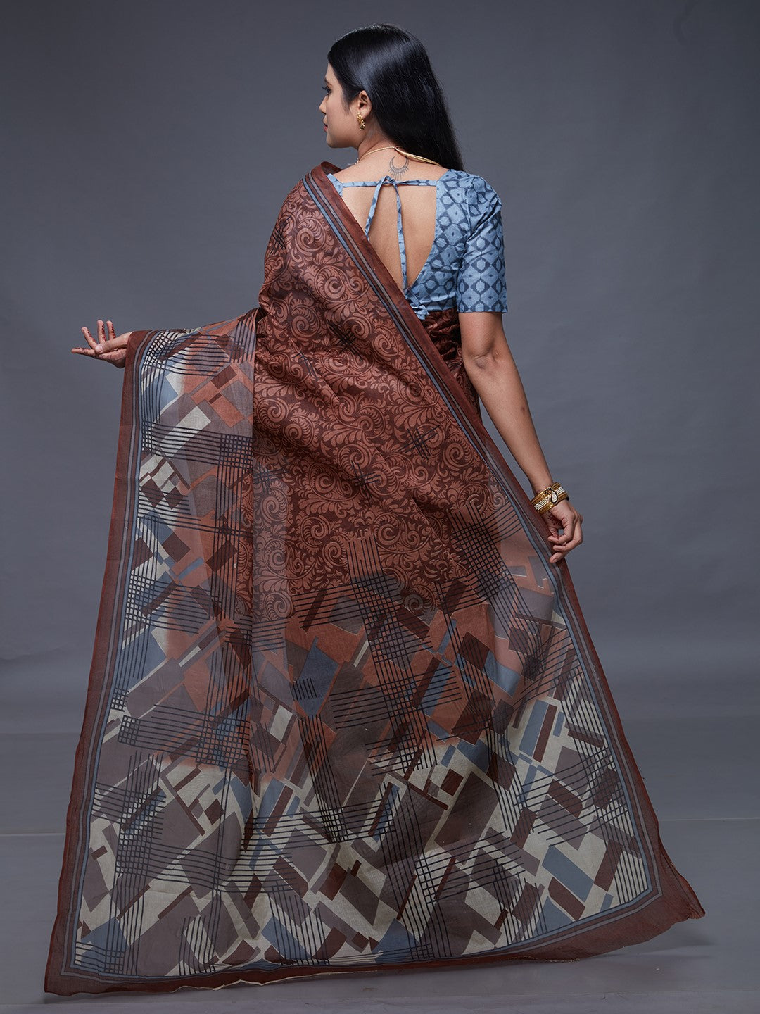 CHANDANI Brown Printed Pure Cotton Saree