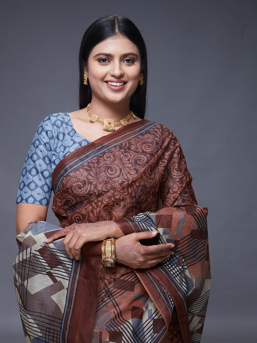 CHANDANI Brown Printed Pure Cotton Saree