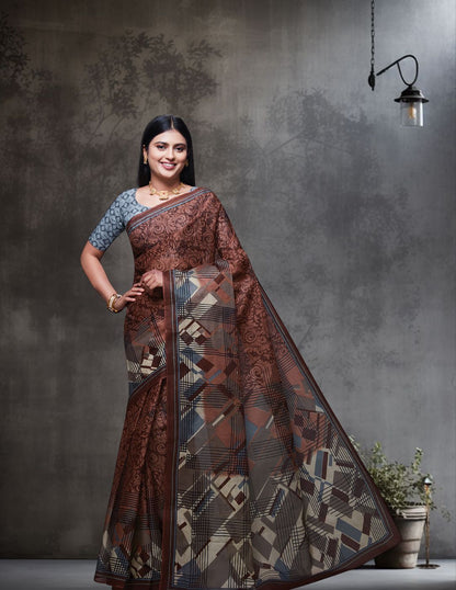 CHANDANI Brown Printed Pure Cotton Saree