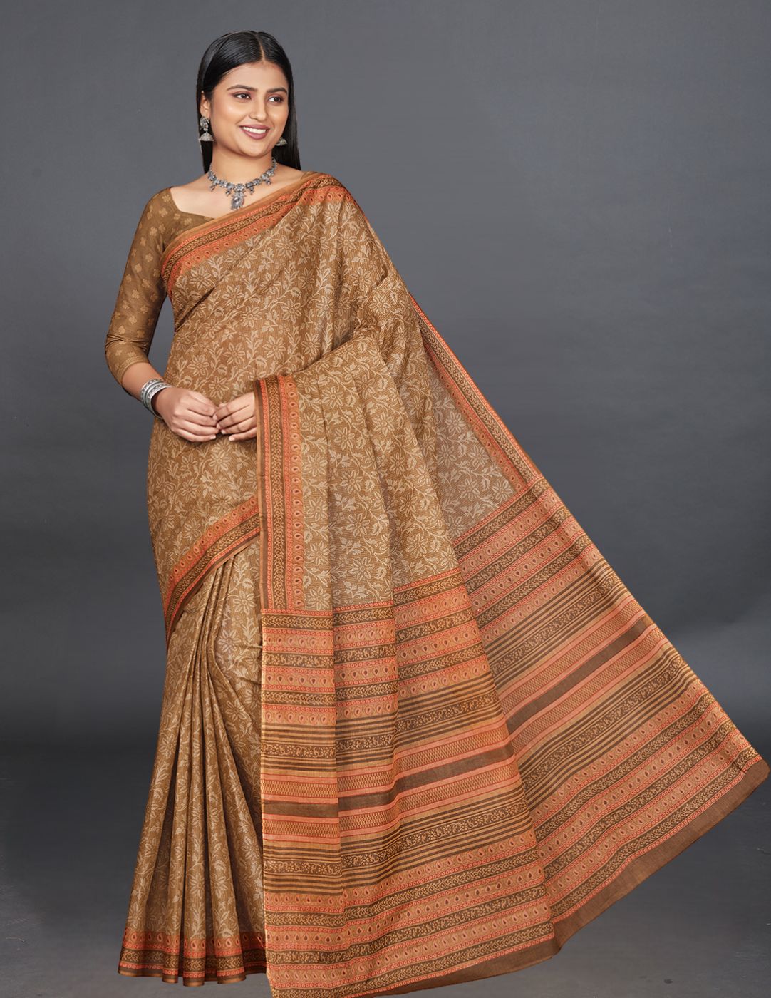 MANGALGIRI Brown Printed Pure Cotton Saree