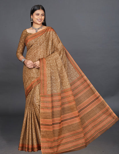 MANGALGIRI Brown Printed Pure Cotton Saree