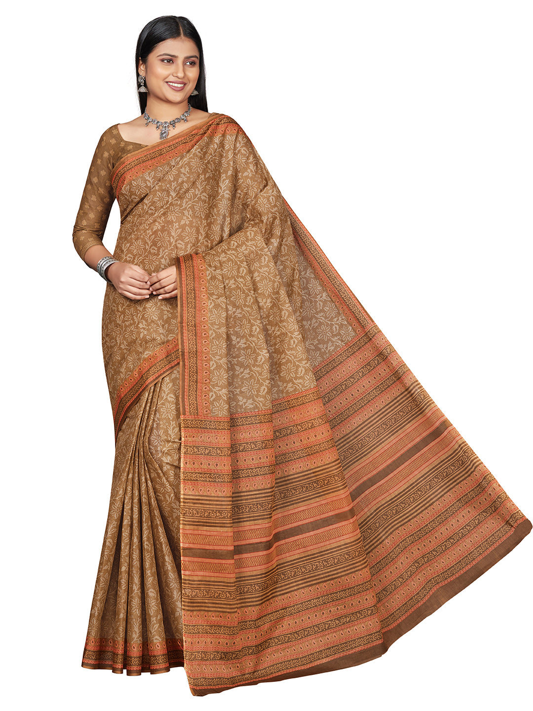 MANGALGIRI Brown Printed Pure Cotton Saree