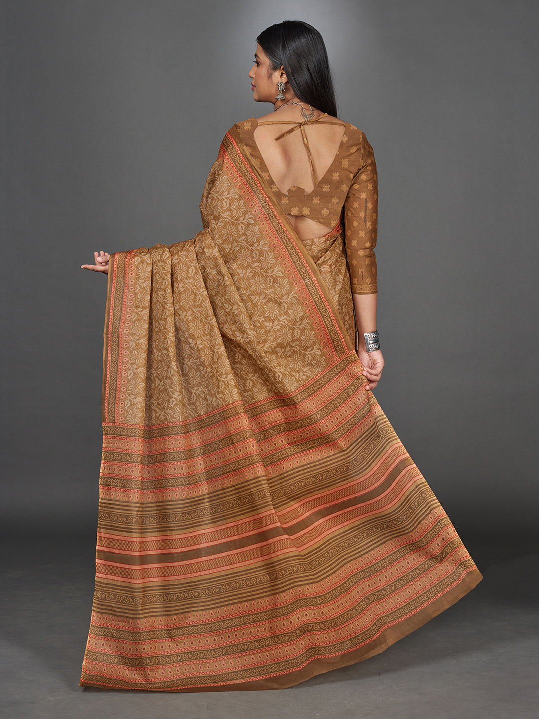 MANGALGIRI Brown Printed Pure Cotton Saree