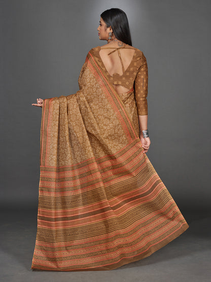 MANGALGIRI Brown Printed Pure Cotton Saree