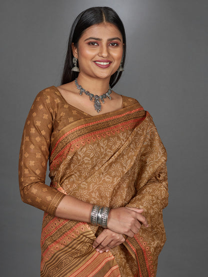 MANGALGIRI Brown Printed Pure Cotton Saree