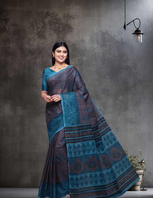 CHANDANI Grey & Blue Printed Pure Cotton Saree