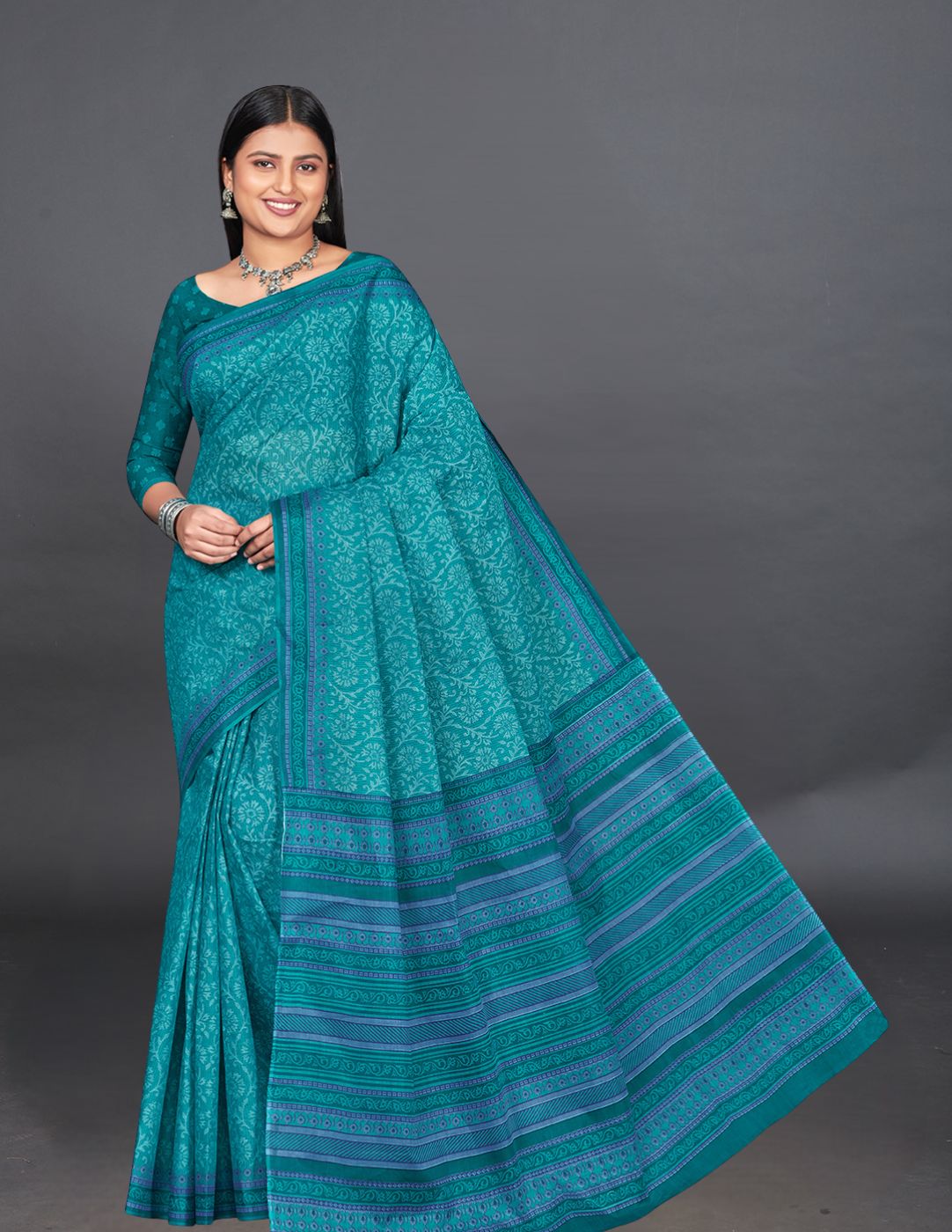 MANGALGIRI Teal Printed Pure Cotton Saree