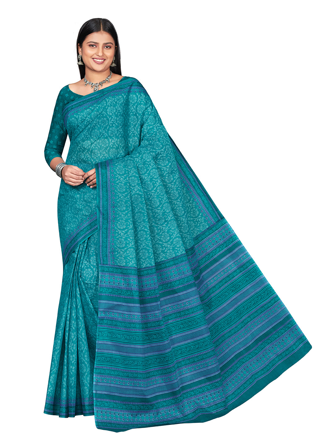 MANGALGIRI Teal Printed Pure Cotton Saree