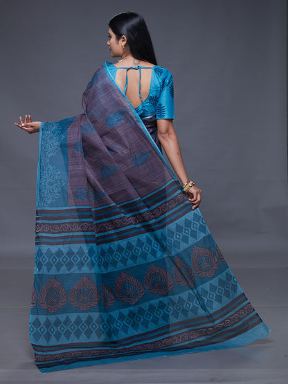 CHANDANI Grey & Blue Printed Pure Cotton Saree