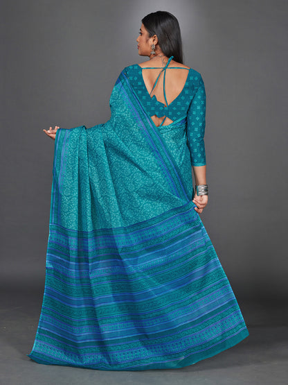 MANGALGIRI Teal Printed Pure Cotton Saree