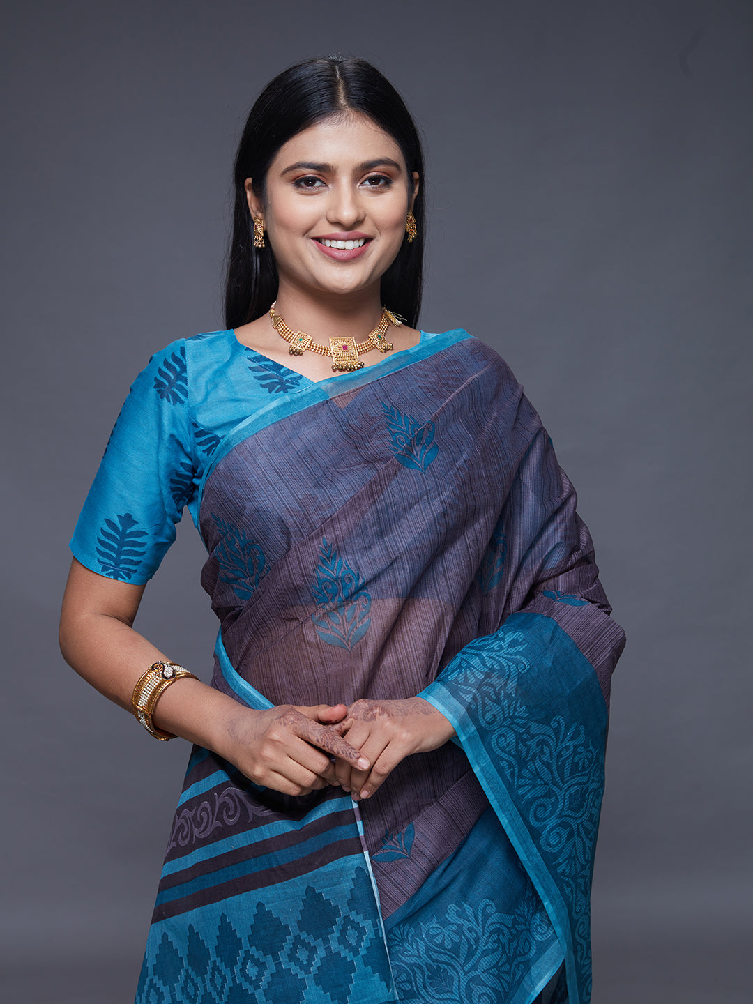 CHANDANI Grey & Blue Printed Pure Cotton Saree