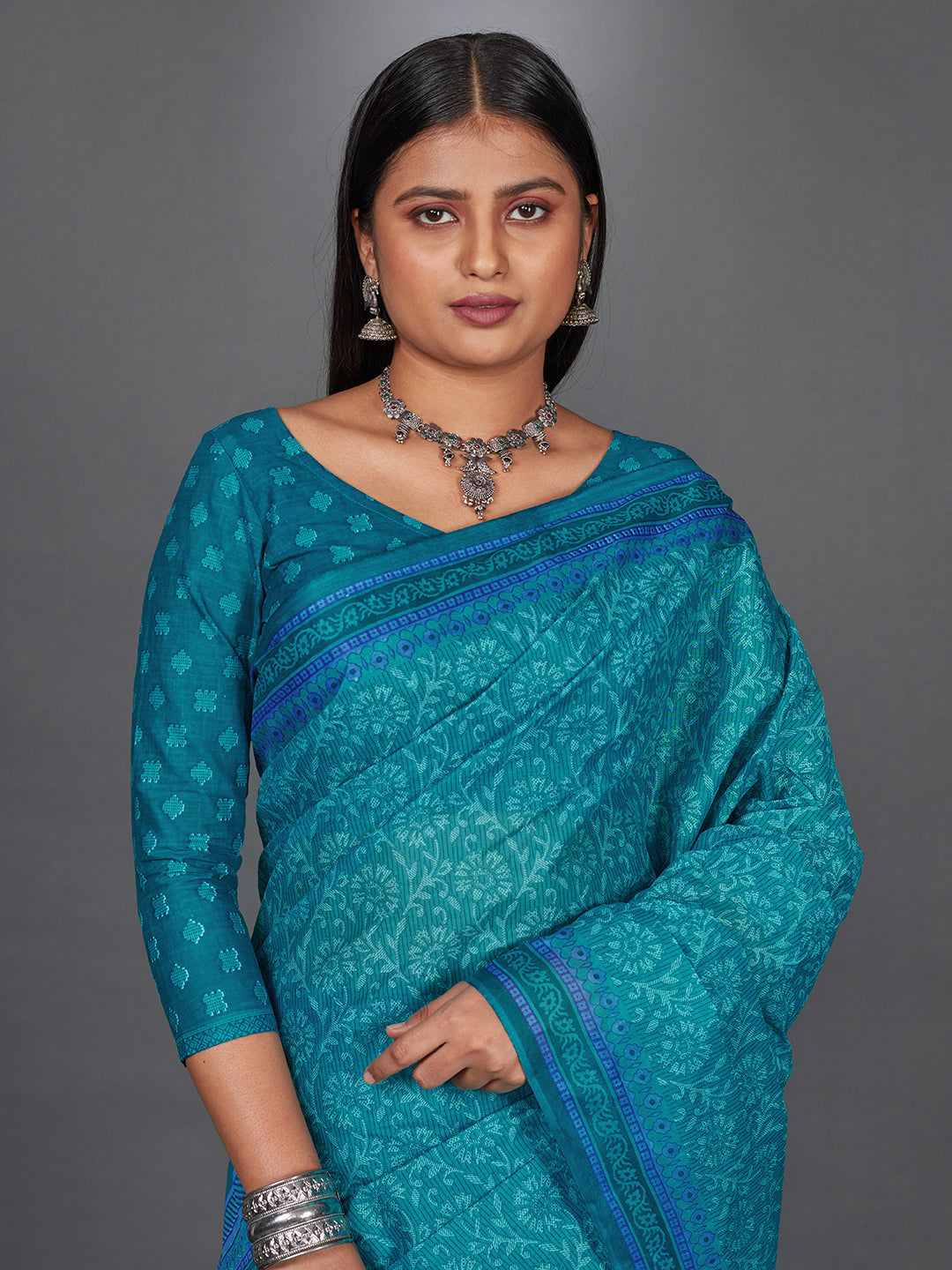 MANGALGIRI Teal Printed Pure Cotton Saree